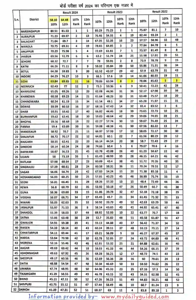 district rank wise mp board result 2024