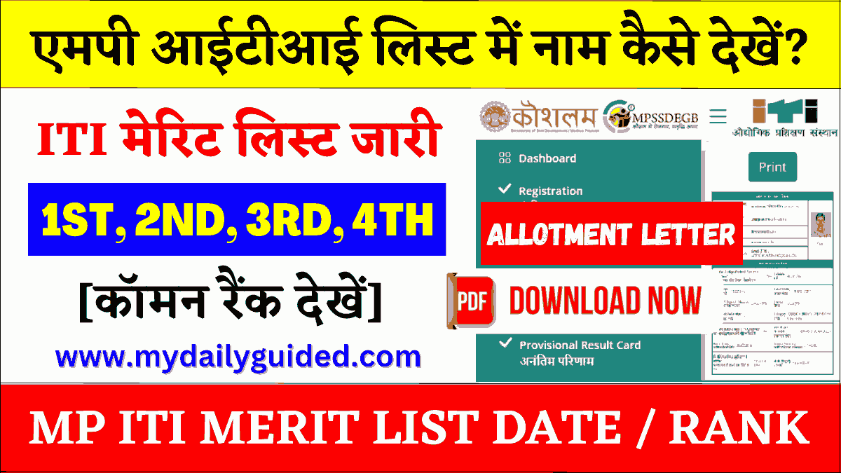 MP ITI Merit List / Common Rank 2025, Kaise Dekhe, Kab Aayegi, Allotment Letter Download