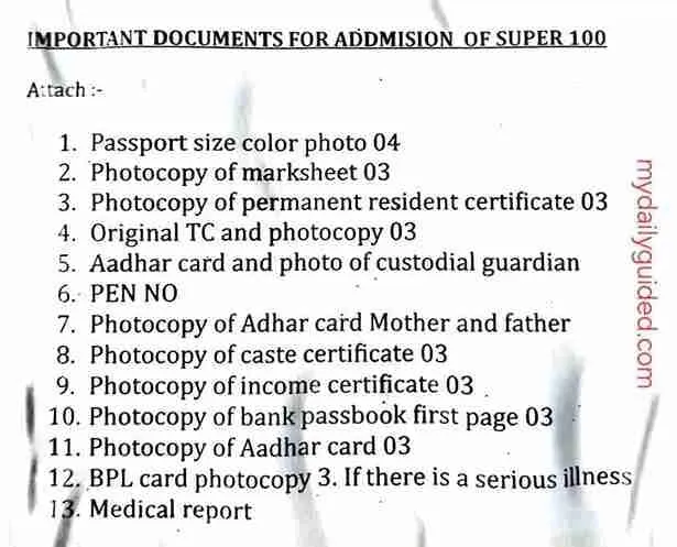 Important Documents for Admission of MP Super 100 IMPORTANT DOCUMENTS FOR ADDMISION OF SUPER 100
